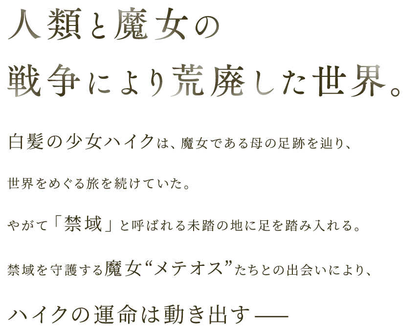 人類と魔女の戦争により荒廃した世界。 白髪の少女ハイクは、魔女である母の足跡を辿り、世界をめぐる旅を続けていた。 やがて「禁域」と呼ばれる未踏の地に足を踏み入れる。 母の力を分け与えられた魔女'メテオス'たちとの出会いにより、ハイクの運命は動き出す——